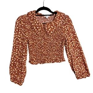Rabbit Rose Floral Crop Long Sleeve Top Shirt Size L Smocked Peter Pan Collar